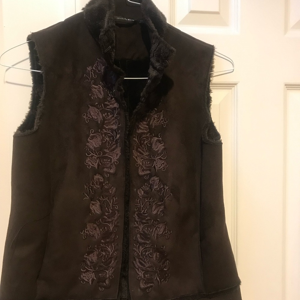 Brown embroidered fur vest